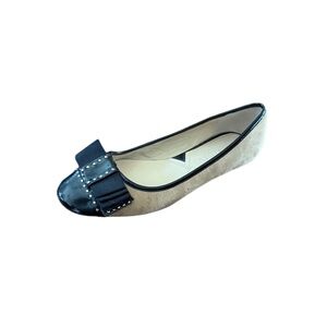 Adrienne Vittadini Shoes Flats Tan Suede black studded bow gold detail on heel.